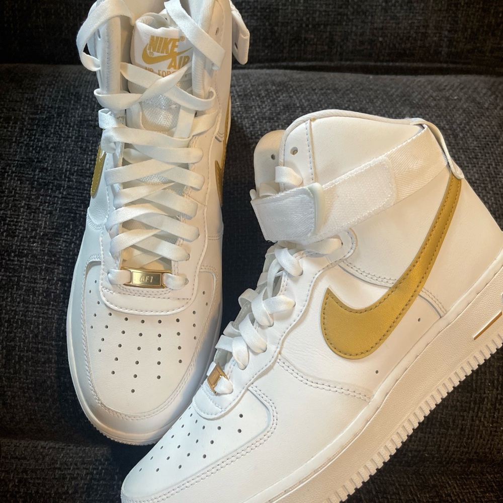 Nike Air Force 1 High-Top Sneakers in White and Gold